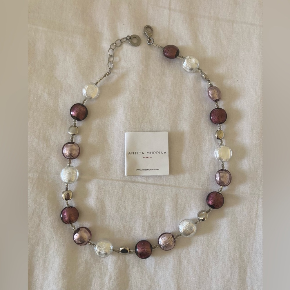 Antica Murrina Venezia Murano Glass Necklace, Purple Silver & Pearl